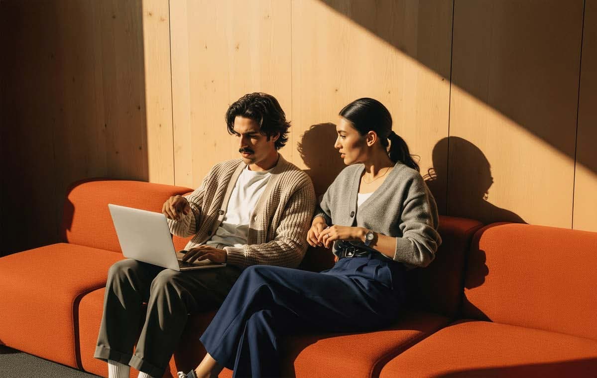 Two colleagues at a wholesale distributor reviewing orders together on a laptop